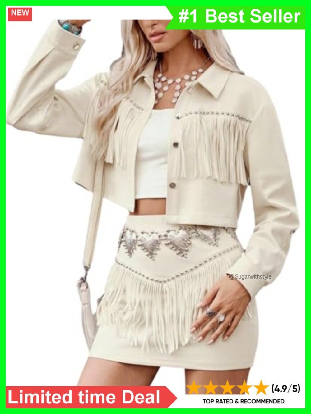 Faux Suede Fringe Studded Blouse & Mini Skirt 2 Piece Set